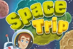 Egy rajzfilmszerű űrhajós, aki mosolyog, bolygók és Space Trip felirat színes háttérrel