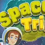 Egy rajzfilmszerű űrhajós, aki mosolyog, bolygók és Space Trip felirat színes háttérrel