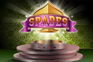 Arany színű pajzs alakú embléma, a SPADES felirattal, lila sávon, három lépcsős dobogón, zöld díszes háttér előtt