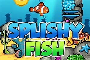 Pixel art stílusú, tengeralatti jelenet bohóchallal és színes tengeri élőlényekkel, középen Splishy Fish felirattal