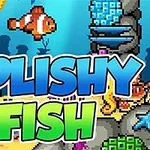 Pixel art stílusú, tengeralatti jelenet bohóchallal és színes tengeri élőlényekkel, középen Splishy Fish felirattal