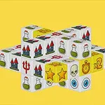 Fehér kockák különböző szimbólumokkal, mint kastélyok, fiolák, koponyák és csillagok sárga háttér előtt kirakva
