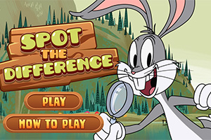Rajzfilmfigura nagyítóval egy hegyvidéki táj előtt, „Spot the Difference” és „Play” gombokkal