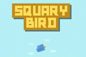 Sárga téglalap alakú szöveg SQUARY BIRD halványkék háttéren, alatta egy kék madár grafika