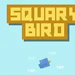 Sárga téglalap alakú szöveg SQUARY BIRD halványkék háttéren, alatta egy kék madár grafika