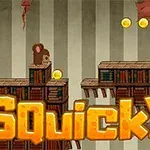 Két egér egy platformos pályán, könyvek között, aranyérmék társaságában, a Squicky felirattal a képen