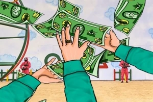 Zöld ruhás kezek próbálnak elkapni lebegő zöld bankjegyeket szabadban, két piros ruhás alak háttérben