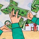 Zöld ruhás kezek próbálnak elkapni lebegő zöld bankjegyeket szabadban, két piros ruhás alak háttérben