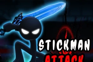 Fekete bottestű figura ragyogó kék karddal és világító szemekkel sötét háttér előtt, mellette a Stickman Attack felirat