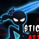 Fekete bottestű figura ragyogó kék karddal és világító szemekkel sötét háttér előtt, mellette a Stickman Attack felirat