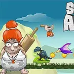 Rajzfilmszerű jelenet őskori szereplőkkel, köztük egy dühös nő sodrófával, egy dinoszaurusz és aranyérmék egy zöld platformon