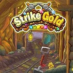 Egy bányát ábrázoló illusztráció, középen egy Strike Gold felirat, alul csákány, aranyrögök és sínpálya látható