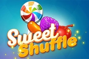 Színes nyalóka, lila bogyó, piros cseresznye és narancssárga édesség kék háttérrel, a Sweet Shuffle felirattal