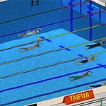 Emberek úsznak egy versenymedencében különböző sávokban