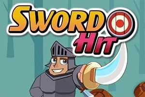 Rajzfilm stílusú lovag páncélban, mosolyogva kardot tart egy erdős háttér előtt, a Sword Hit felirattal
