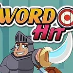 Rajzfilm stílusú lovag páncélban, mosolyogva kardot tart egy erdős háttér előtt, a Sword Hit felirattal