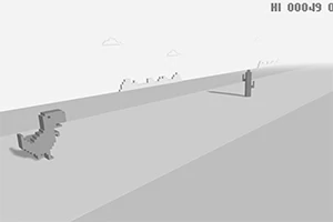 Egy pixeles dinoszaurusz balra ugrik egy szürke táj előtt, kaktuszt kerülve