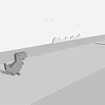 Egy pixeles dinoszaurusz balra ugrik egy szürke táj előtt, kaktuszt kerülve