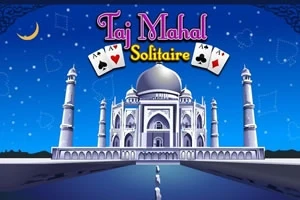 A Taj Mahal épülete éjszakai égbolt alatt, középen kártyalapokkal és Taj Mahal Solitaire felirattal