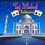 A Taj Mahal épülete éjszakai égbolt alatt, középen kártyalapokkal és Taj Mahal Solitaire felirattal