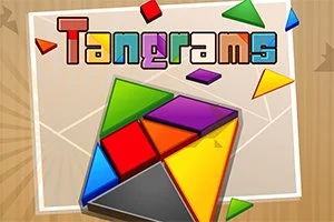 Színes geometriai alakzatok és a Tangrams felirat egy fa háttér előtt