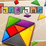 Színes geometriai alakzatok és a Tangrams felirat egy fa háttér előtt