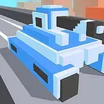 Egy kék, pixeles tank látható egy városi környezetben, alacsony felbontású grafikával