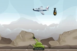 Egy repülőgép bombát ejt egy zöld tankra a hegyvidéki háttér előtt