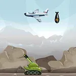 Egy repülőgép bombát ejt egy zöld tankra a hegyvidéki háttér előtt