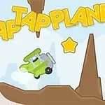 Egy zöld játékrepülő, amely csillagok között repül barnás sziklák felett, Tap Tap Plane felirattal a háttérben