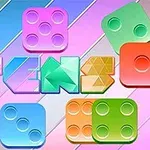 Színes, stilizált dobókockák és geometriai formák mintázatú betűk egy szivárványos háttéren
