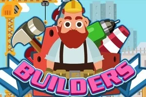 Rajzfilm stílusú építőmunkás sisakban, kalapáccsal, fúróval és egyéb szerszámokkal, előtérben Builders felirattal