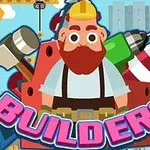 Rajzfilm stílusú építőmunkás sisakban, kalapáccsal, fúróval és egyéb szerszámokkal, előtérben Builders felirattal