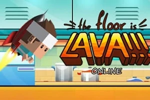 Egy rajzfilmszerű figura fejpánttal rakétával repül egy konyhában, ahol a padló lávaként izzik, háttérben a the floor is LAVA!