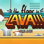 Egy rajzfilmszerű figura fejpánttal rakétával repül egy konyhában, ahol a padló lávaként izzik, háttérben a the floor is LAVA!