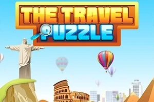 Színes grafika forrólevegős ballonokkal, a Megváltó Krisztus szobrával, a Colosseummal és piramisokkal, The Travel Puzzle felirattal