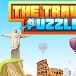 Színes grafika forrólevegős ballonokkal, a Megváltó Krisztus szobrával, a Colosseummal és piramisokkal, The Travel Puzzle felirattal
