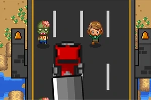 Két pixel art figura egy úton, egy piros teherautó előtt áll