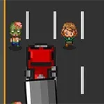 Két pixel art figura egy úton, egy piros teherautó előtt áll