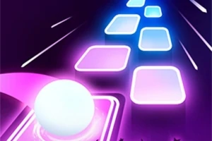 Neon színekben ragyogó, sötét háttéren lebegő fehér gömb, amely fényes négyzetek sorát követi