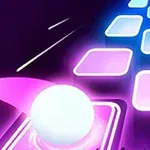 Neon színekben ragyogó, sötét háttéren lebegő fehér gömb, amely fényes négyzetek sorát követi