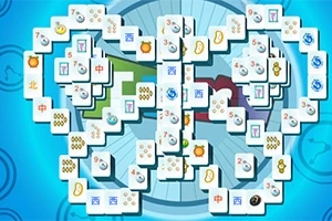 Mahjong csempék szimmetrikus elrendezésben kék háttérrel