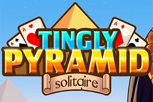 A képen egy piramis és két játékkártya látható, a középen elhelyezett színes Tingly Pyramid Solitaire felirattal