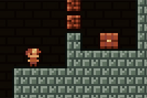 Pixeles karakter és platformok egy sötét téglafal előtt