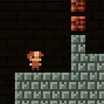 Pixeles karakter és platformok egy sötét téglafal előtt