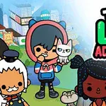 Rajzfilmszerű karakterek színes háttérrel és Toca Life Adventure felirattal