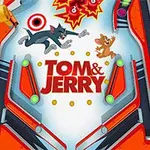 Tom és Jerry figurái egy színes, piros és narancssárga flipperpályán, középen nagy piros felirattal