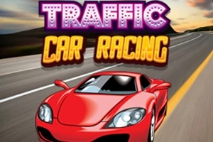 Piros sportautó halad egy autópályán alkonyati égbolt alatt, a Traffic Car Racing felirattal