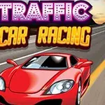 Piros sportautó halad egy autópályán alkonyati égbolt alatt, a Traffic Car Racing felirattal
