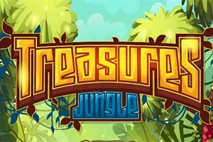 A kép élénk színekben ábrázol egy dzsungel témájú hátteret, középen a Treasures Jungle felirattal